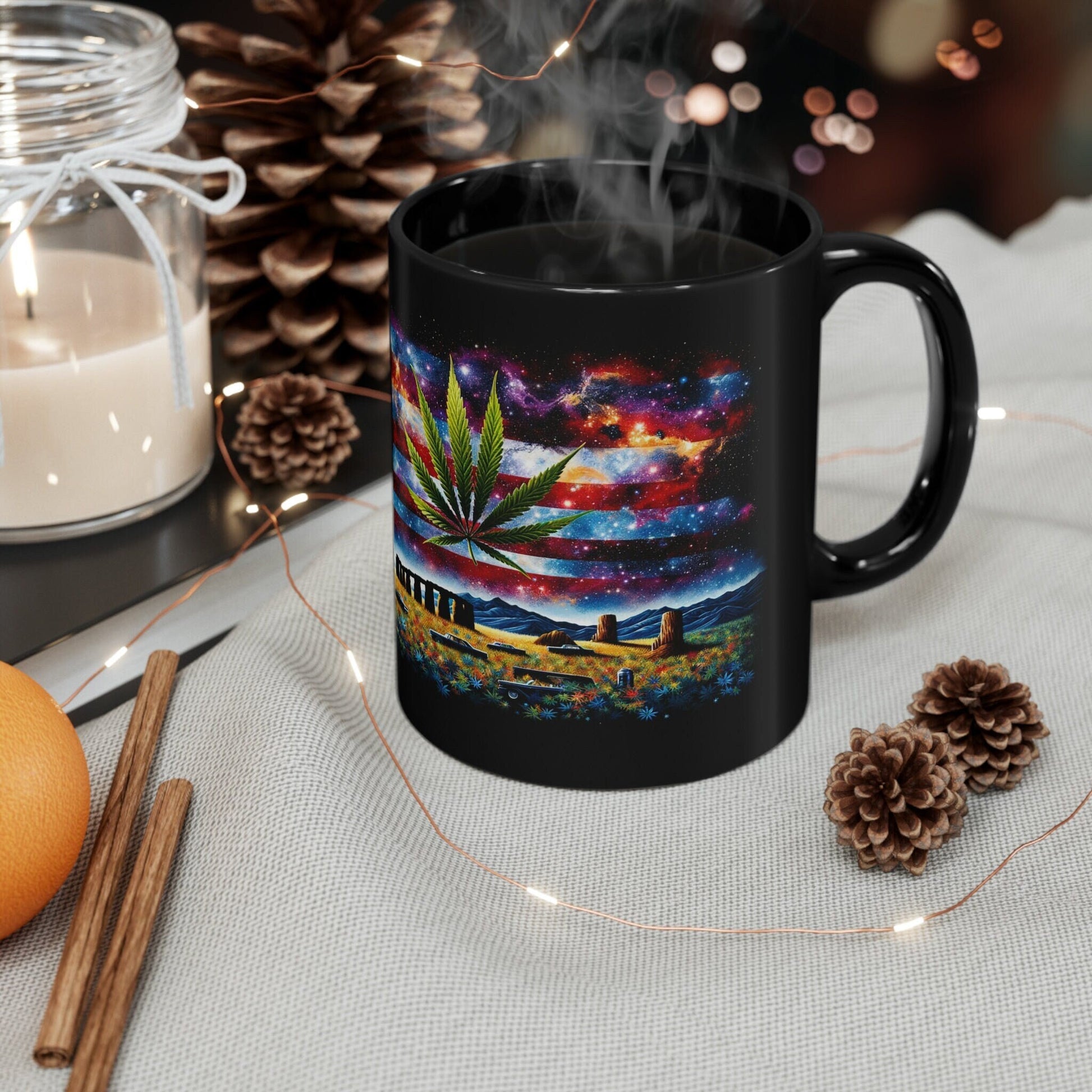 AMERICAN WEED FLAG - Black Base Coffee Mugs - Perfect Gift for Smokers, Stoners, Marijuana Lovers, Growers; Weed Mug / Stoner Mug