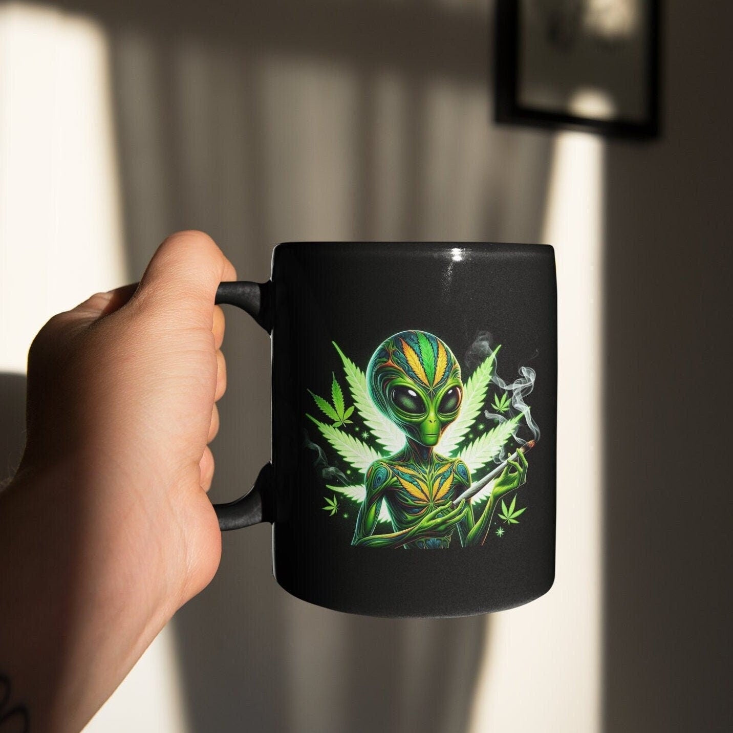 WEED ALIEN Mug - BLACK Themed Coffee Mugs - Perfect Gift for Smokers, Stoners, Marijuana Lovers, Growers; Weed or Space Enthusiasts