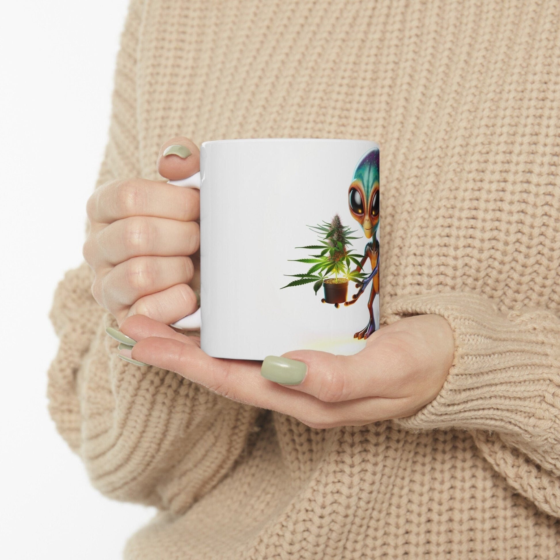 ALIEN W/ WEED PLANT - Coffee Weed Mug (11oz) - Weed Gift for Stoners, Smokers; Wake & Bake Mug / 420 Weed Mug / Marijuana Gift, Cannabis Mug