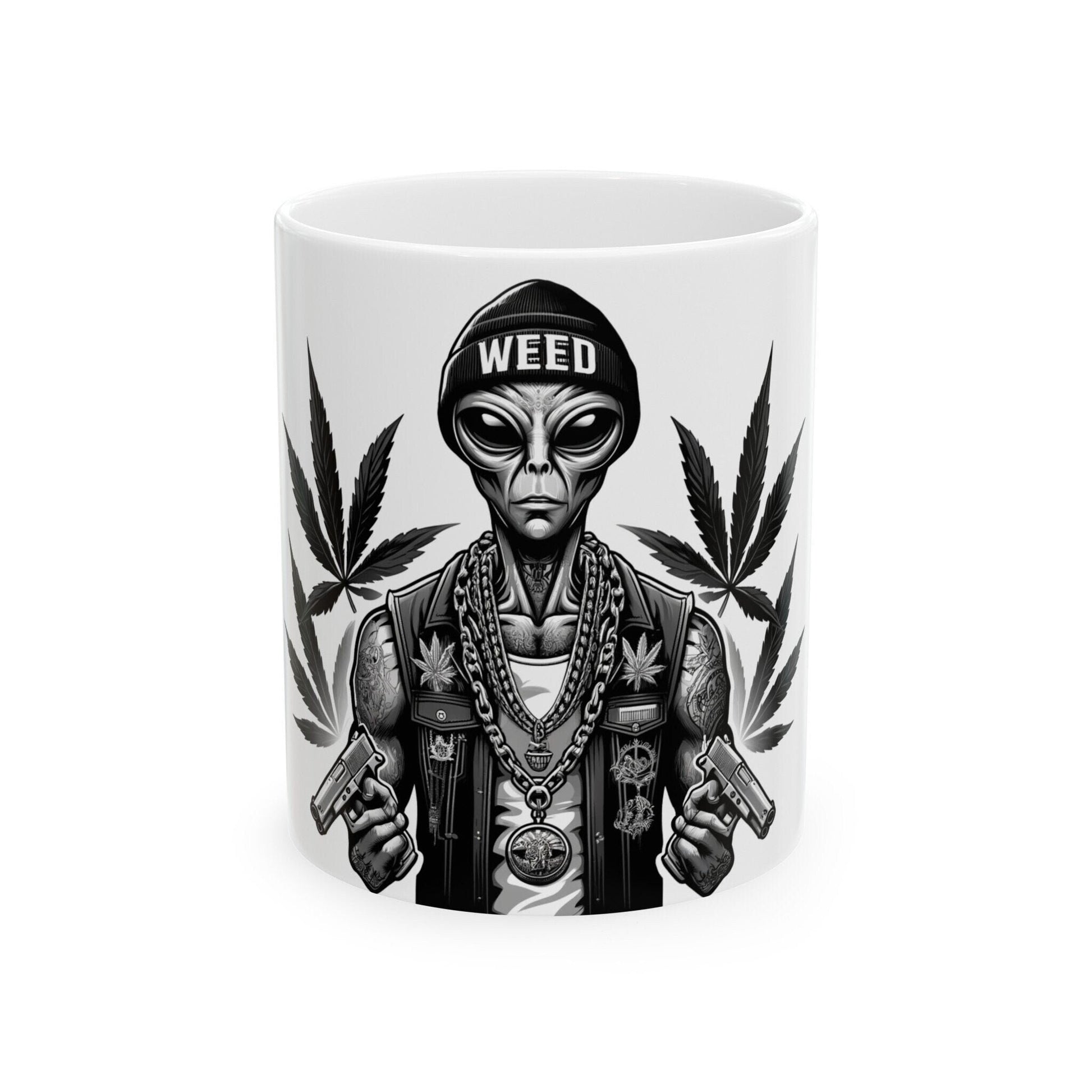 STONER ALIEN GUNS - Coffee Weed Mug (11oz) - Weed Gift for Stoners, Smokers; Wake & Bake Mug / 420 Weed Mug / Marijuana Gift, Cannabis Mug