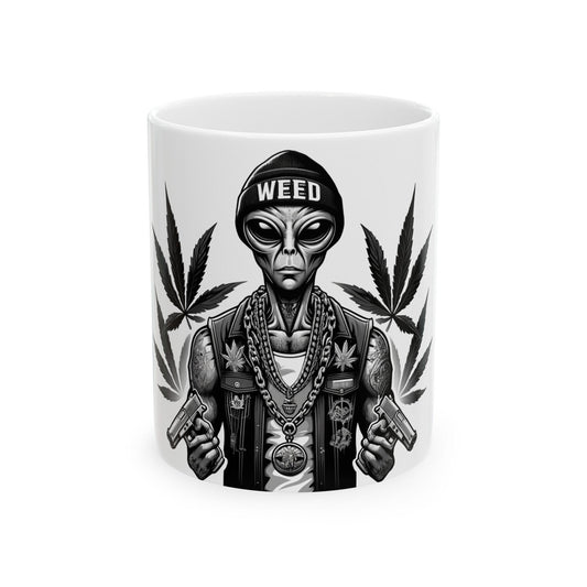STONER ALIEN GUNS - Coffee Weed Mug (11oz) - Weed Gift for Stoners, Smokers; Wake & Bake Mug / 420 Weed Mug / Marijuana Gift, Cannabis Mug