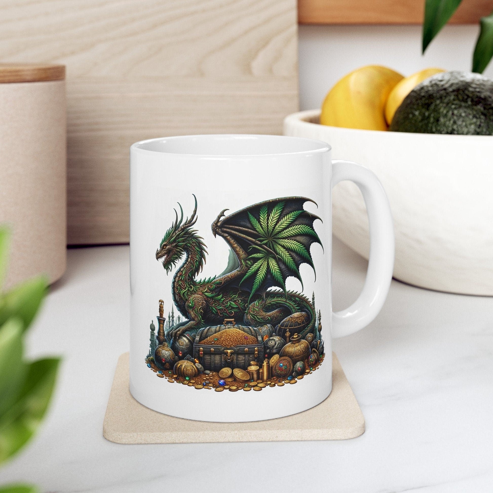 WEED DRAGON & GOLD - Coffee Weed Mug (11oz) - Weed Gift for Stoners, Smoker; Wake and Bake Mug / 420 Weed Mug / Marijuana Gift, Cannabis Mug