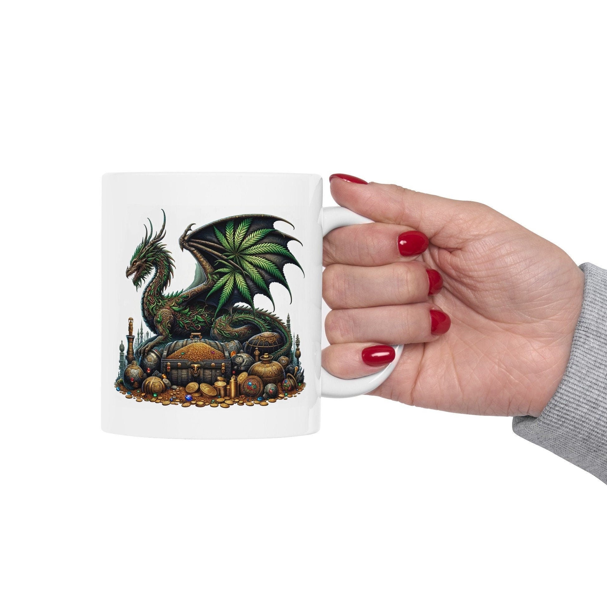 WEED DRAGON & GOLD - Coffee Weed Mug (11oz) - Weed Gift for Stoners, Smoker; Wake and Bake Mug / 420 Weed Mug / Marijuana Gift, Cannabis Mug