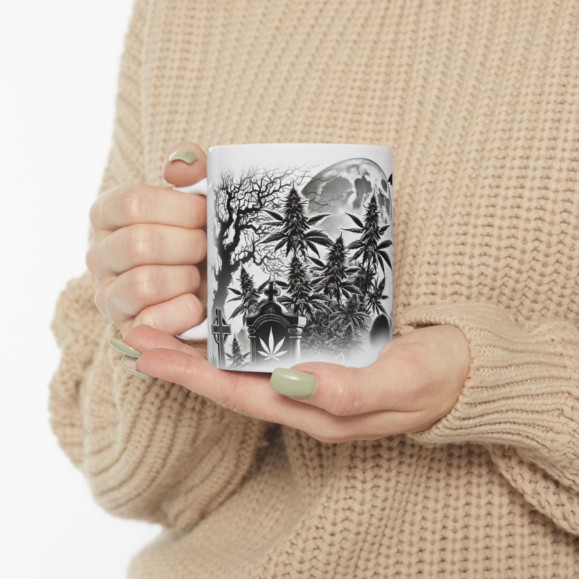 SPOOKY GRAVEYARD - Weed Coffee Mug (11oz) - Halloween Gift for Stoners, Smokers, Growers; Wake and Bake / 420 Mug, Weed / Halloween Mug