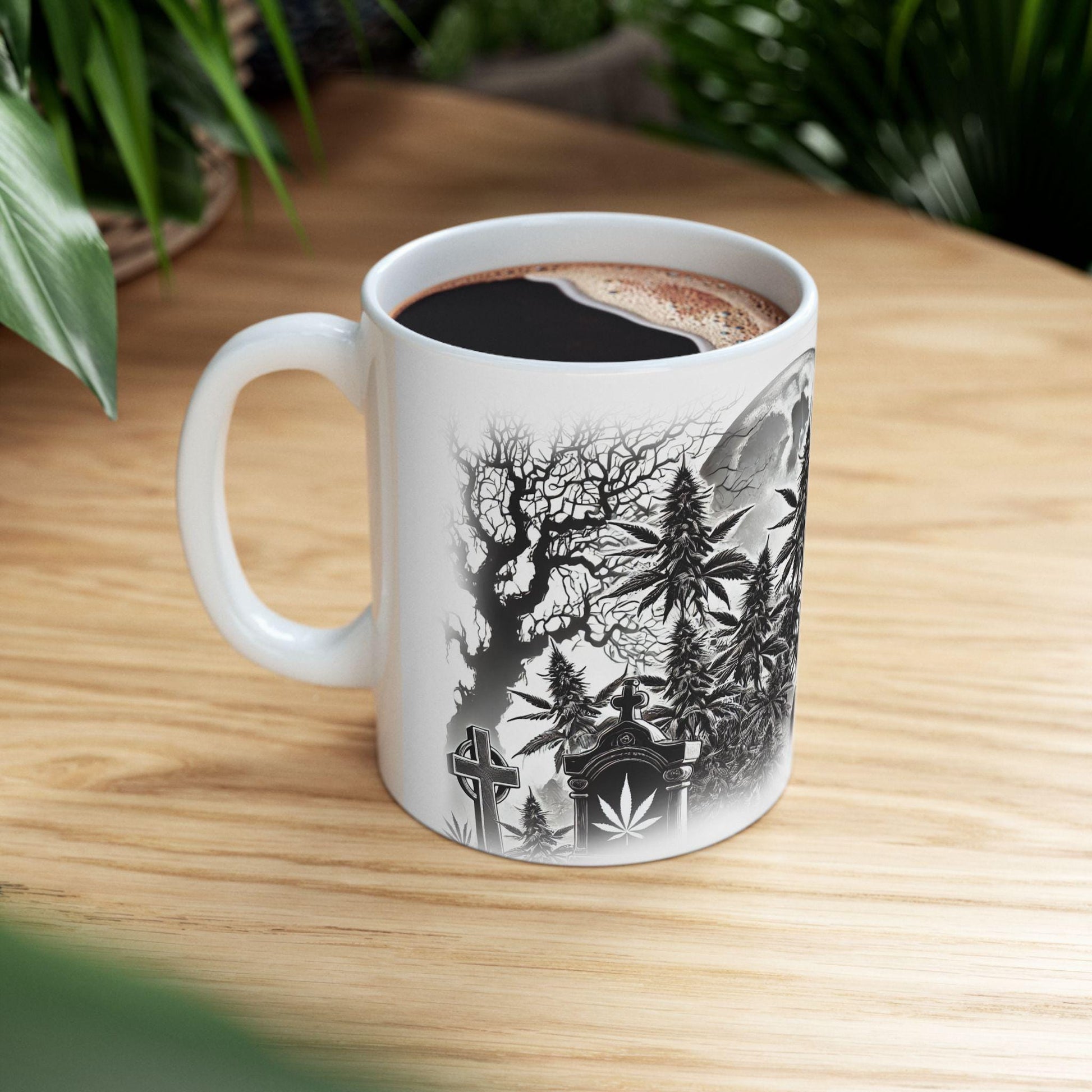 SPOOKY GRAVEYARD - Weed Coffee Mug (11oz) - Halloween Gift for Stoners, Smokers, Growers; Wake and Bake / 420 Mug, Weed / Halloween Mug