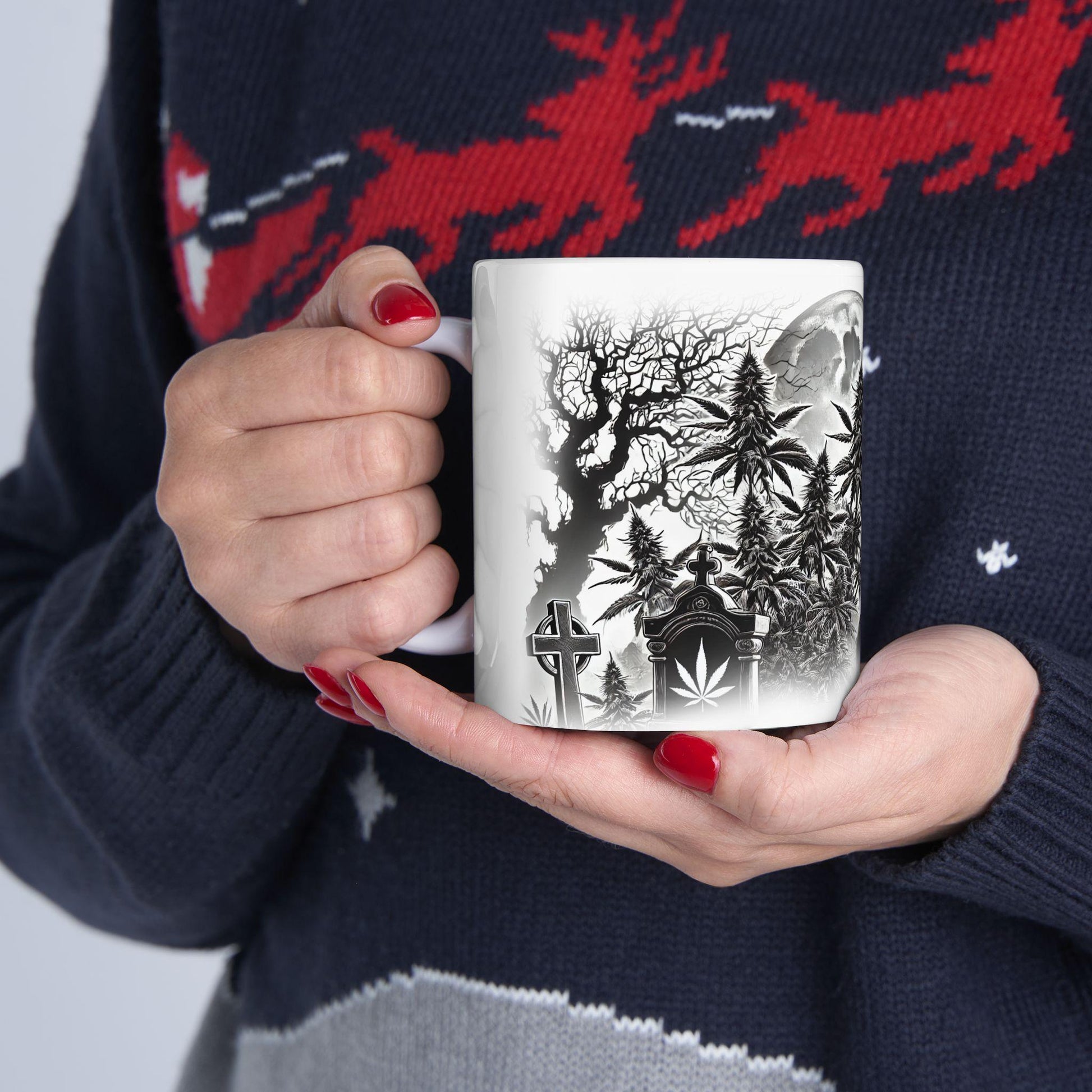 SPOOKY GRAVEYARD - Weed Coffee Mug (11oz) - Halloween Gift for Stoners, Smokers, Growers; Wake and Bake / 420 Mug, Weed / Halloween Mug