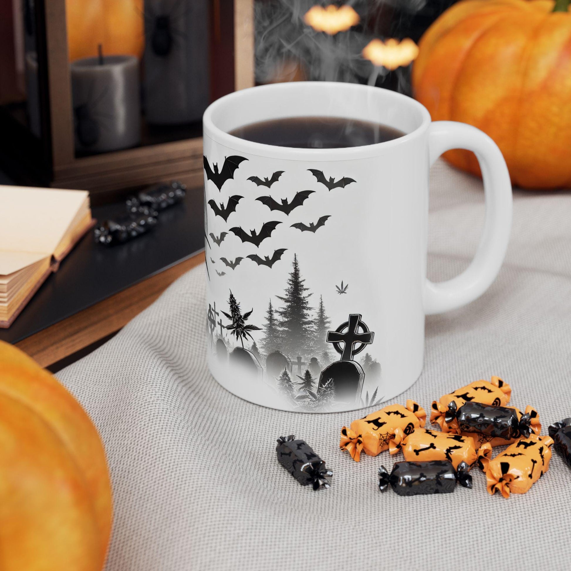 SPOOKY GRAVEYARD - Weed Coffee Mug (11oz) - Halloween Gift for Stoners, Smokers, Growers; Wake and Bake / 420 Mug, Weed / Halloween Mug