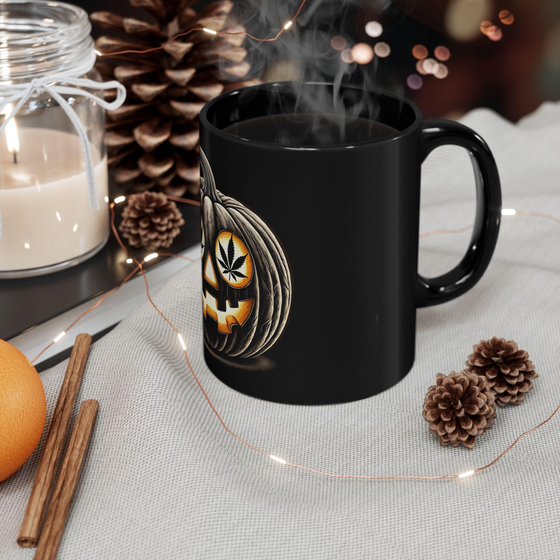 420 PUMPKIN BLACK - Weed Coffee Mug (Black 11oz) - Halloween Gift for Smokers, Stoners, Flowers; Wake & Bake Mug / Weed Gift Mug / Black Mug