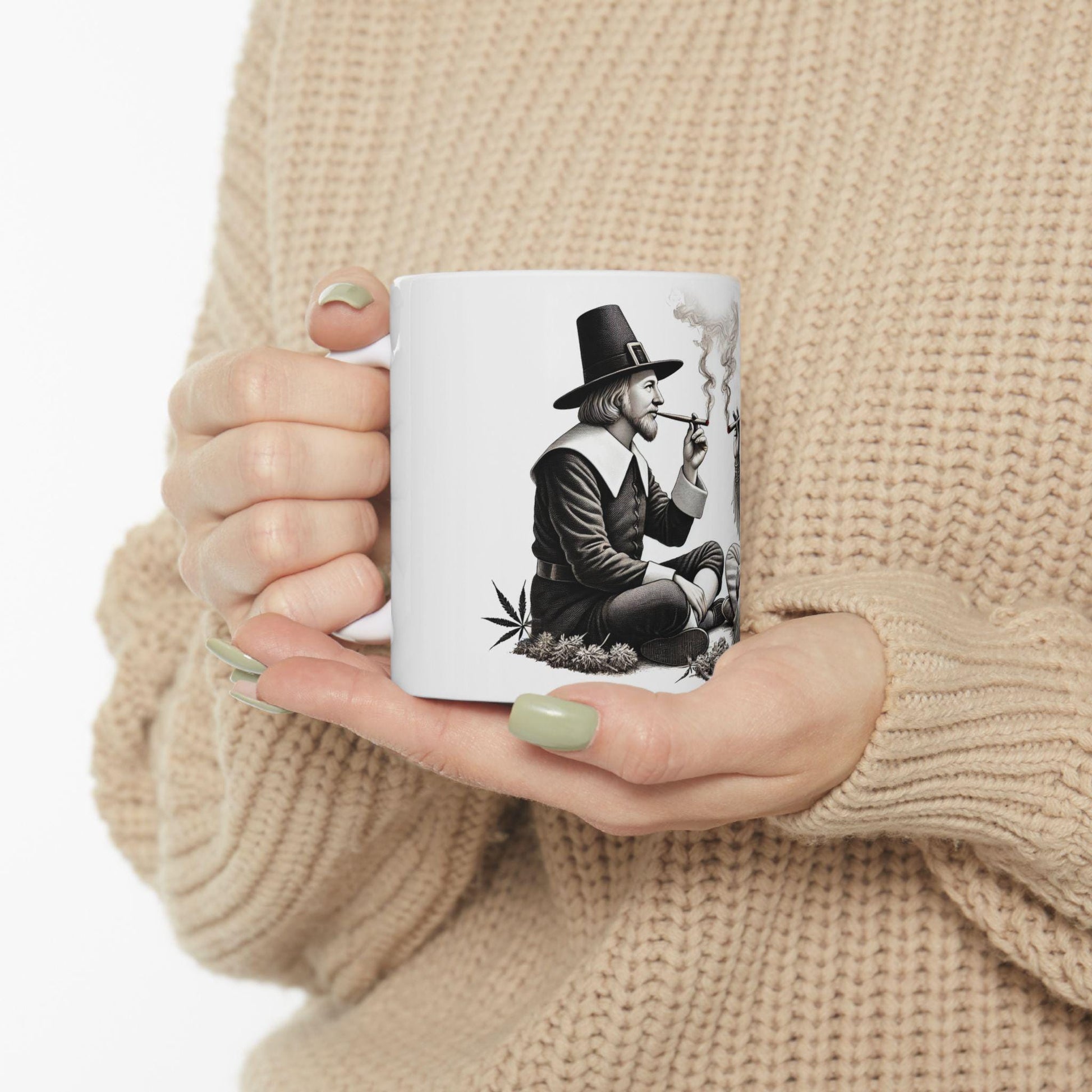 PILGRIM & INDIAN SMOKING - Weed Coffee Mug (11oz) - Thanksgiving Gift for Weed Smokers, Stoners, Growers; Wake and Bake / 420 Mug, Weed Gift