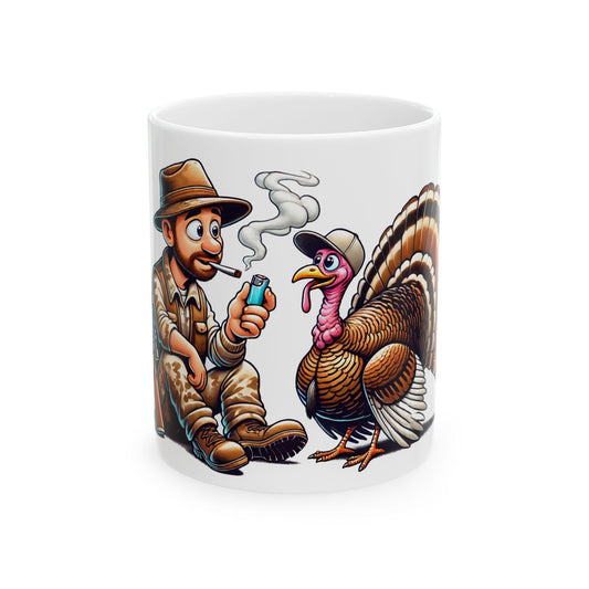 HUNTER & TURKEY SMOKING - Weed Coffee Mug (11oz) - Thanksgiving Gift for Weed Smokers, Stoners, Growers; Wake and Bake / 420 Mug, Weed Gift