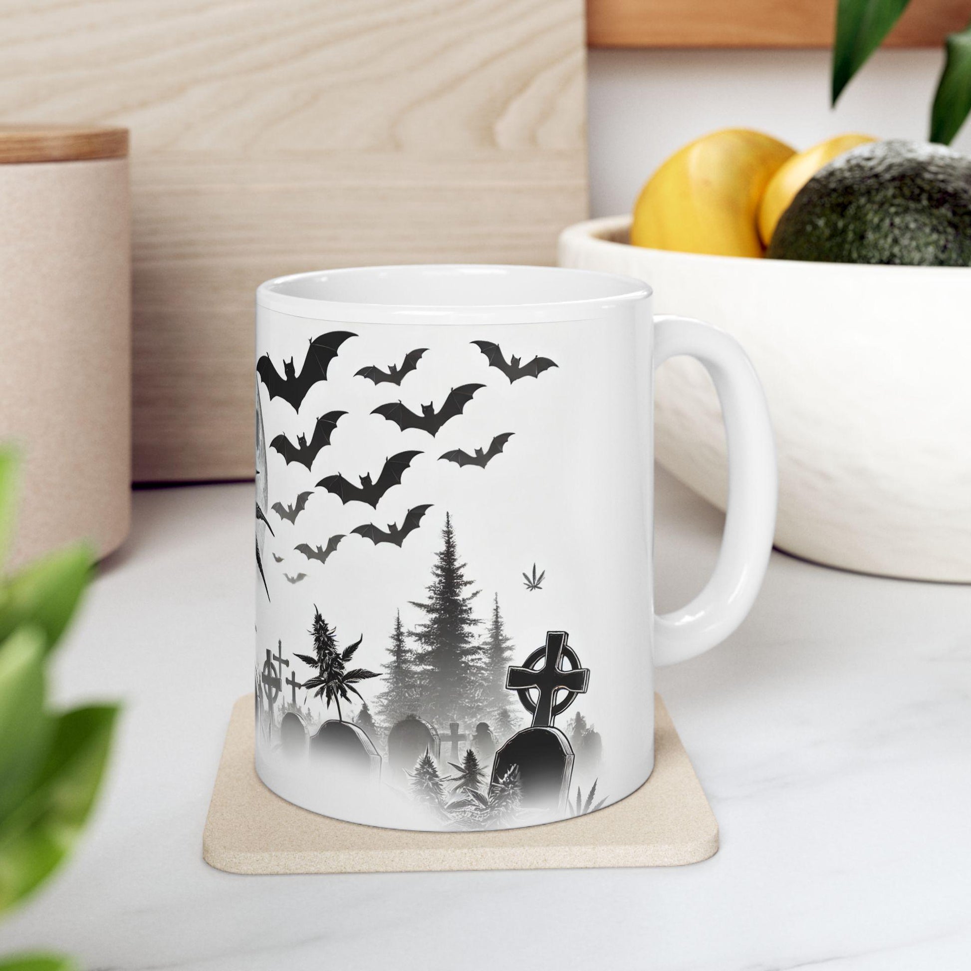 SPOOKY GRAVEYARD - Weed Coffee Mug (11oz) - Halloween Gift for Stoners, Smokers, Growers; Wake and Bake / 420 Mug, Weed / Halloween Mug