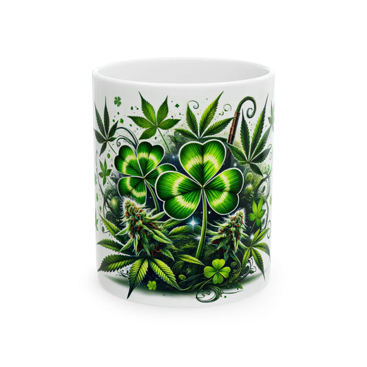 420 LEAF CLOVER - Weed Coffee Mug (11oz) - St Pattys Day Gify for Stoners, Weed Smokers; Wake and Bake / Cannabis Mug / Four Leaf Clover Mug