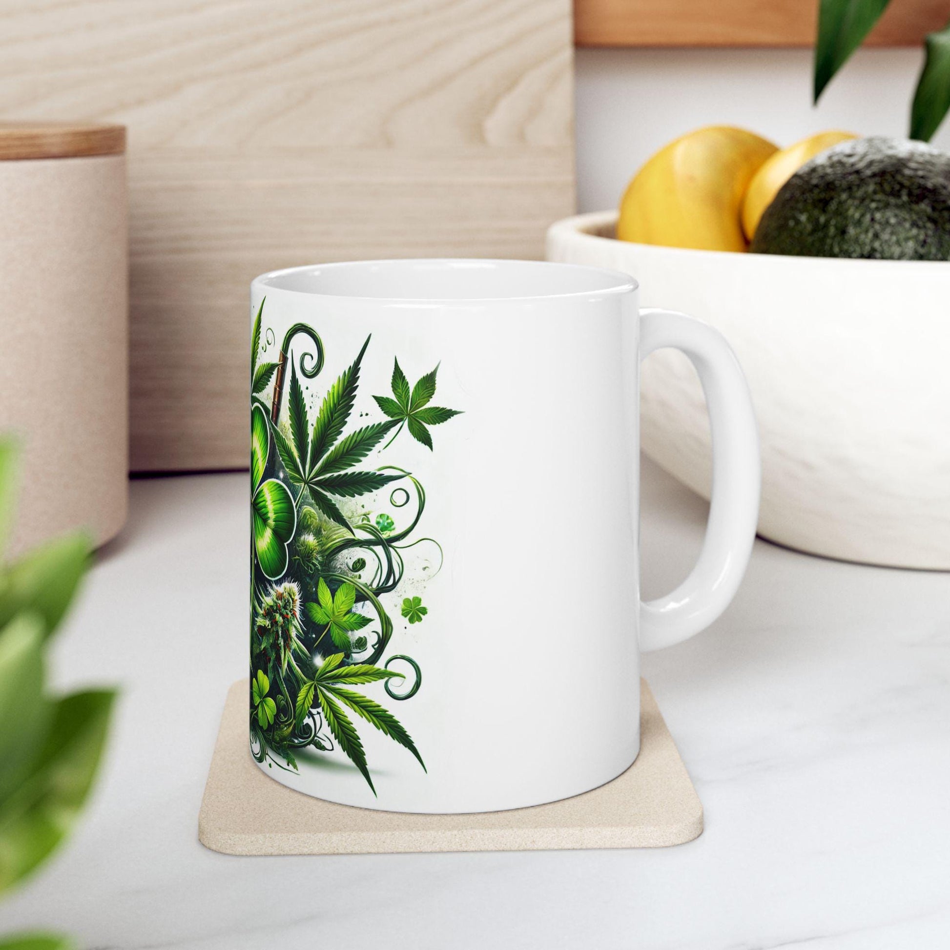 420 LEAF CLOVER - Weed Coffee Mug (11oz) - St Pattys Day Gify for Stoners, Weed Smokers; Wake and Bake / Cannabis Mug / Four Leaf Clover Mug