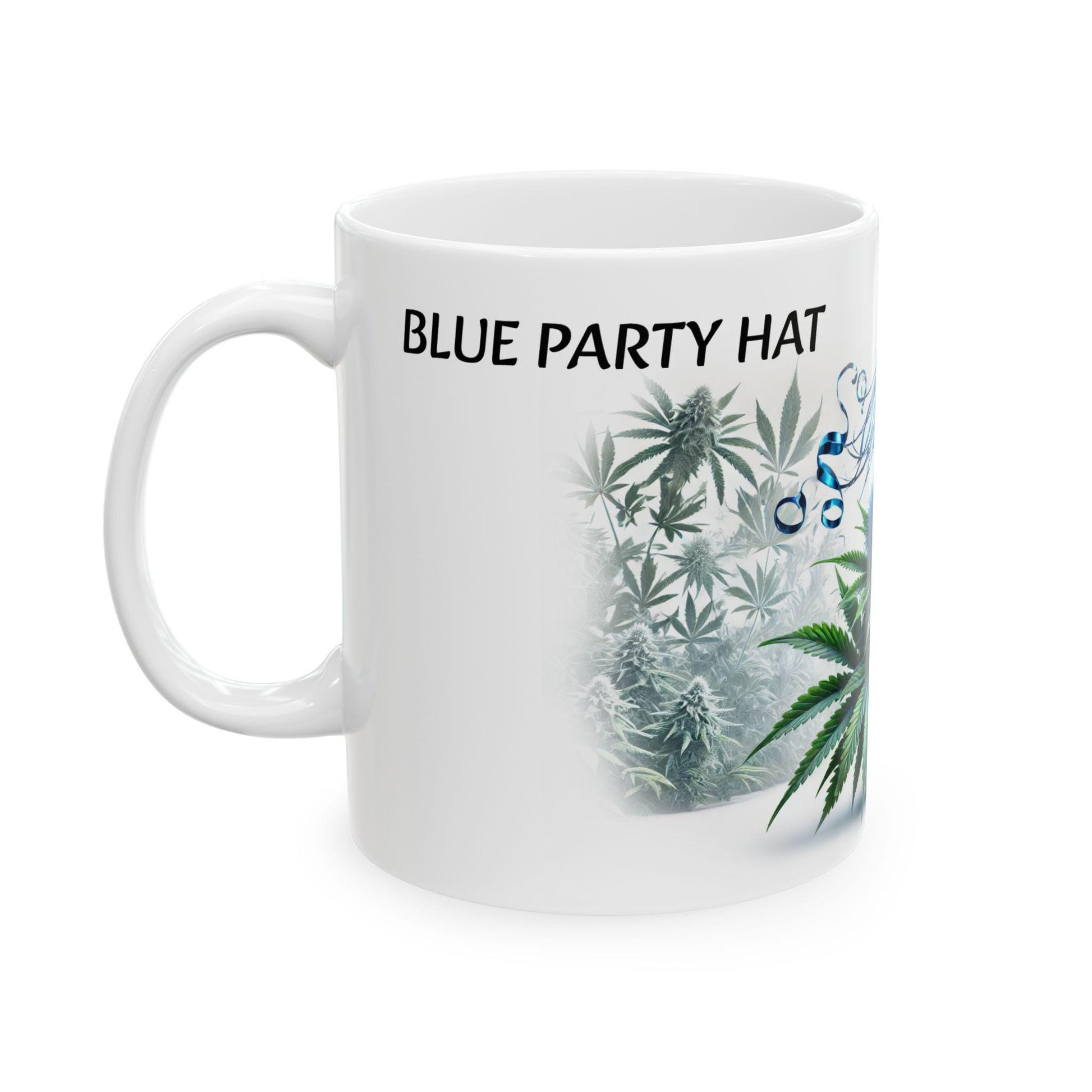 BLUE PARTY HAT - (11oz) Weed Strain Themed Coffee Mugs - Perfect Gift for Stoners, Weed Mug for Marijuana Lovers; Funny Wake & Bake Mug
