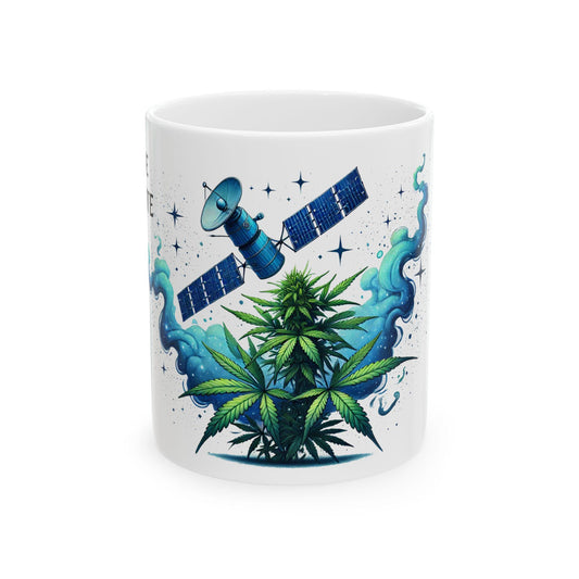 BLUE SATELLITE - (11oz) Weed Strain Themed Coffee Mugs - Perfect Gift for Stoners, Weed Mug for Space Lovers; Funny Wake & Bake Mug