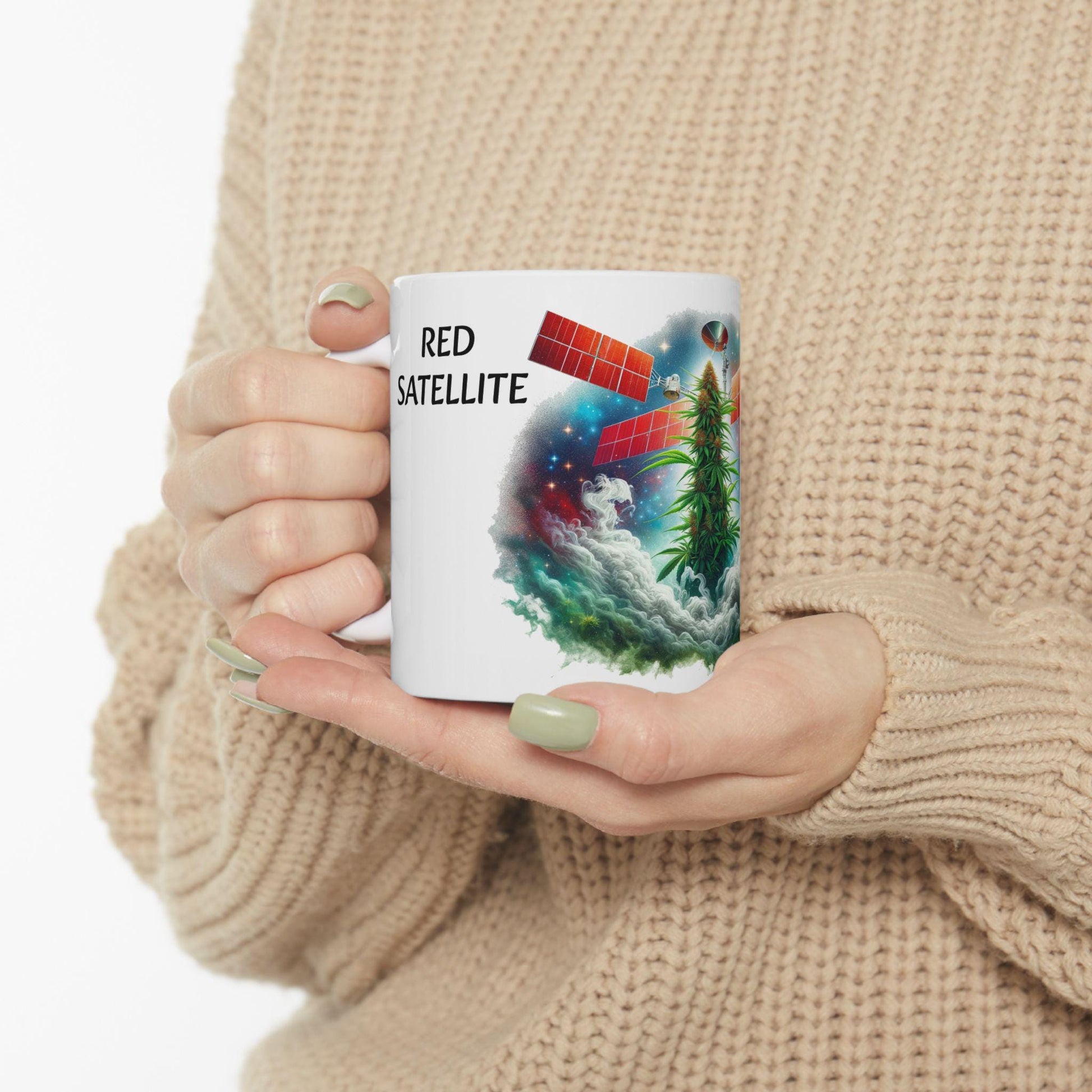 RED SATELLITE - (11oz) Weed Strain Themed Coffee Mugs - Perfect Gift for Stoners, Weed Mug for Cannabis Decor; 420 Space Wake & Bake Mug