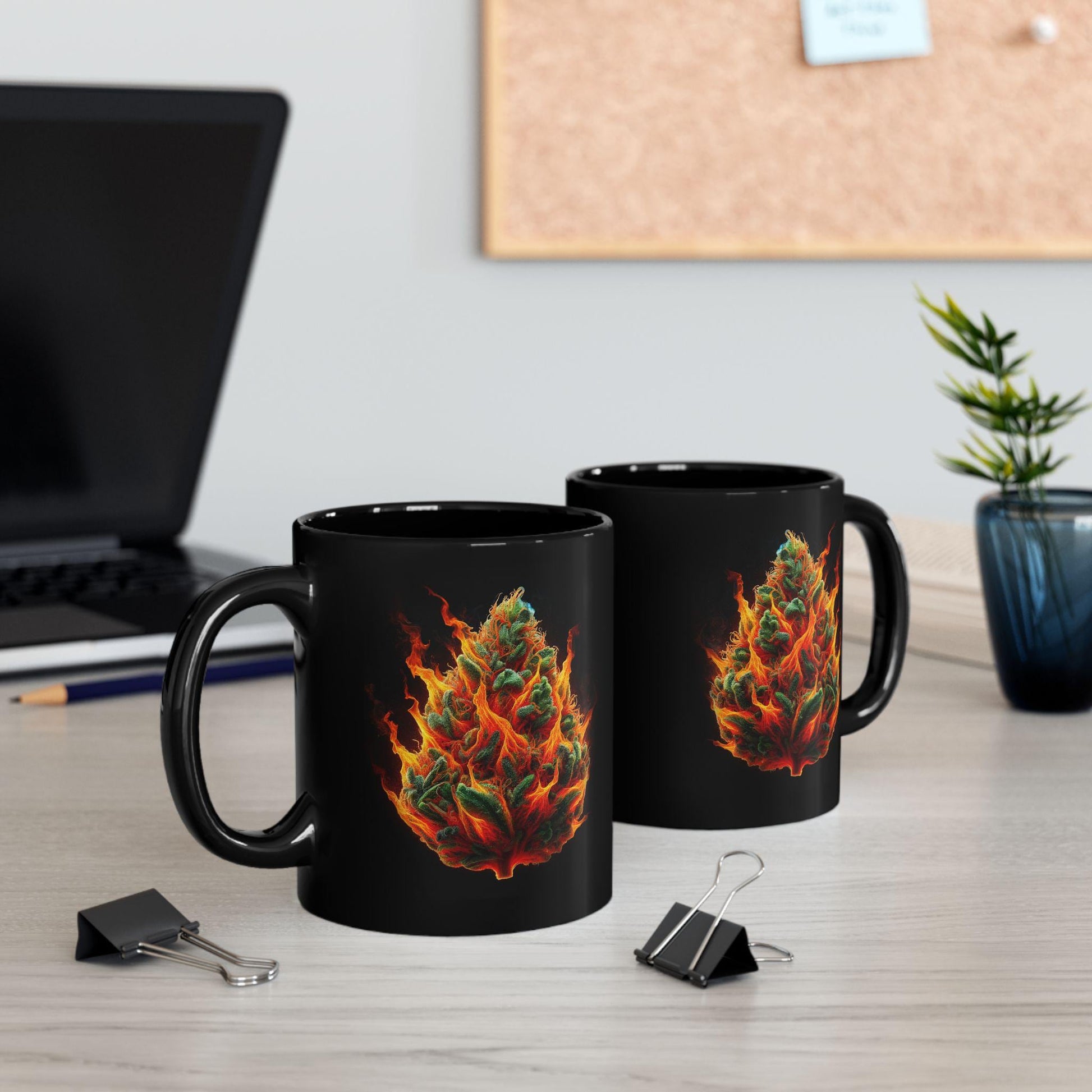FLAMING WEED - BLACK Marijuana Themed Coffee Mugs, Weed Lovers, Perfect Gift for Smokers, Stoners, Growers.