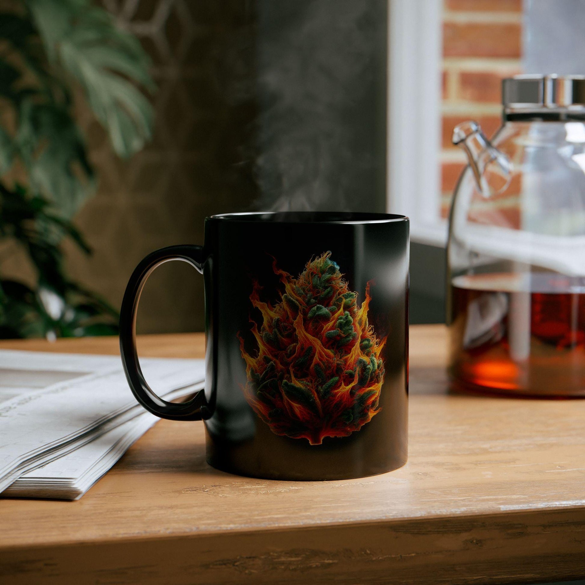 FLAMING WEED - BLACK Marijuana Themed Coffee Mugs, Weed Lovers, Perfect Gift for Smokers, Stoners, Growers.