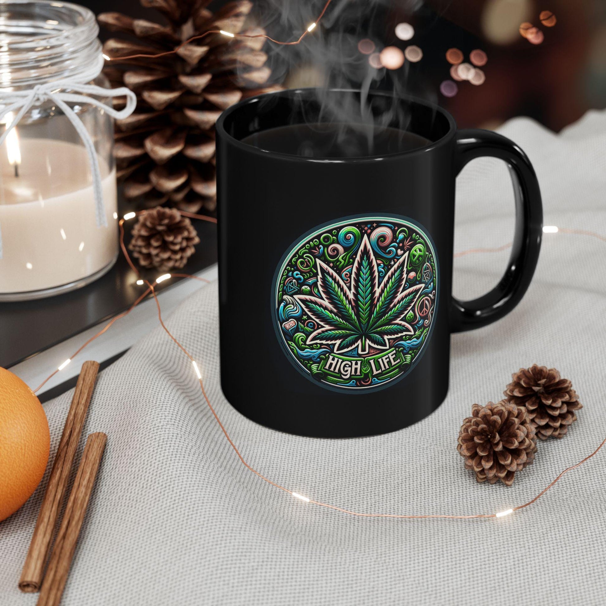 HIGH LIFE - BLACK Marijuana Themed Coffee Mugs, Weed Lovers, Perfect Gift for Smokers, Stoners, Growers.