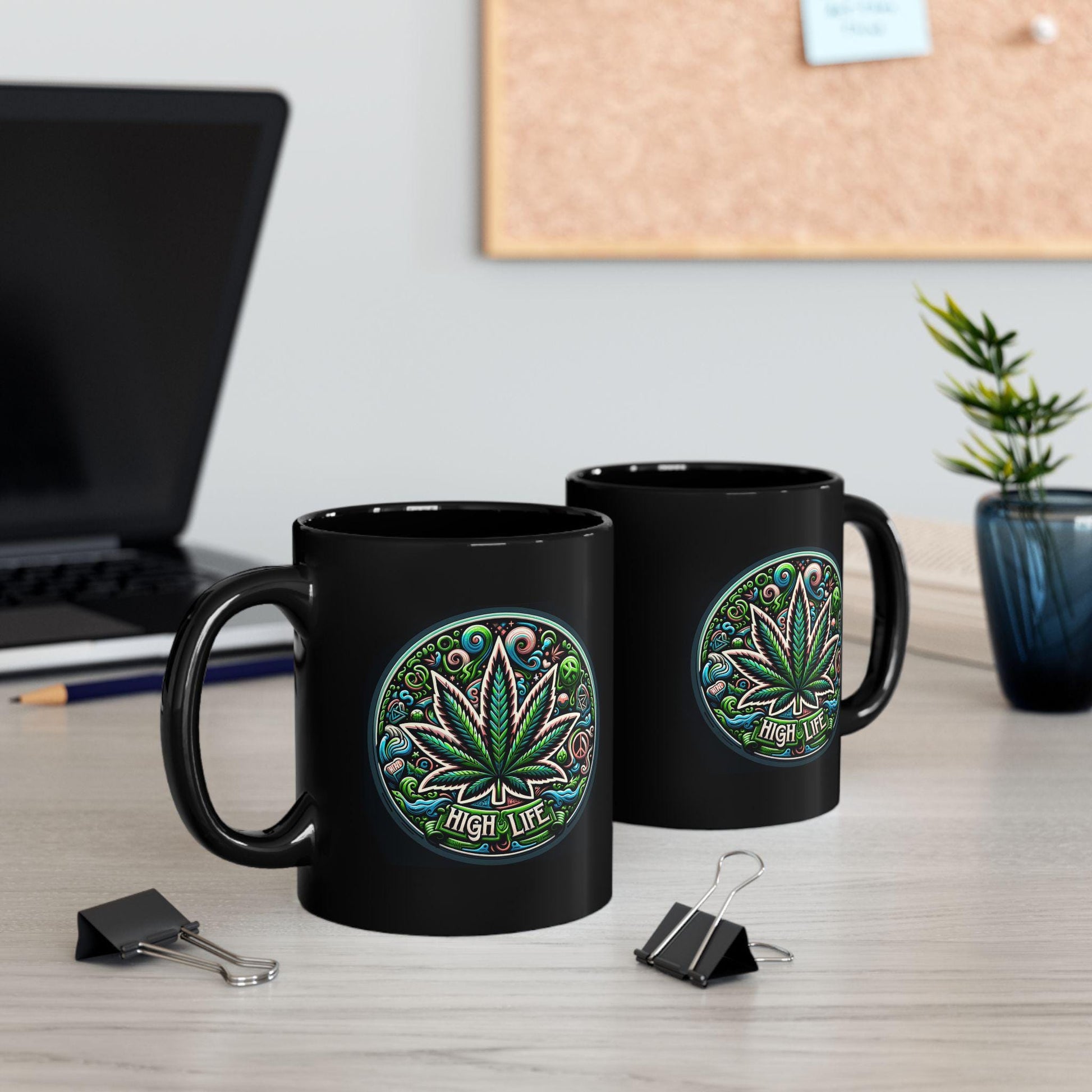 HIGH LIFE - BLACK Marijuana Themed Coffee Mugs, Weed Lovers, Perfect Gift for Smokers, Stoners, Growers.